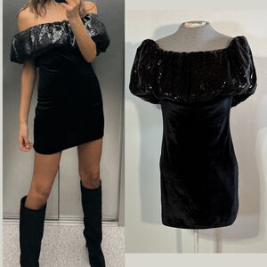 ZARA Black Sequin Velvet Off-Shoulder Mini Dress Women’s Large LBD Party